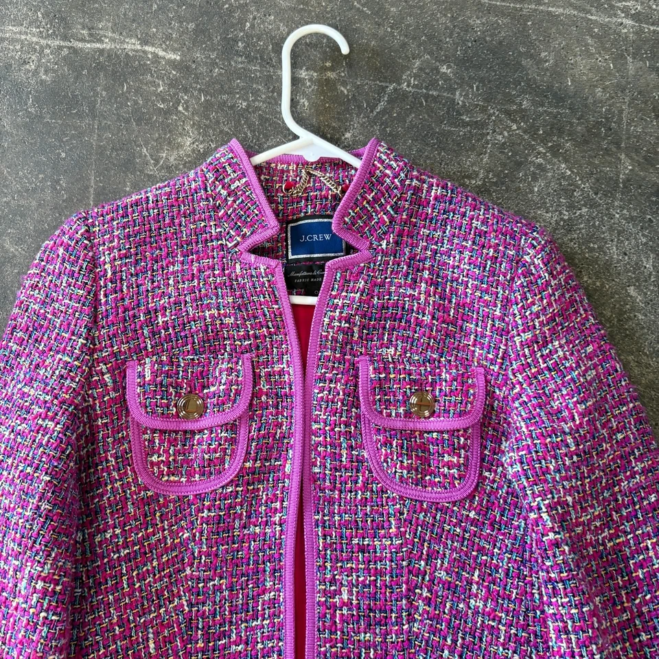 J. Chaqueta Blazer Crew Tweed Frente Abierto Para Mujer 0 Púrpura Italia 4 Bolsillos Diseñador Foto 2 de 4