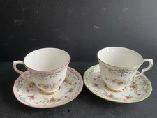 Queen Anne Bone China Teacup Saucer Pair Pink & Green 