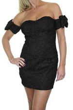 Womens Bandeau Cold Shoulder Mini Dress Satin Crinkle Black 12