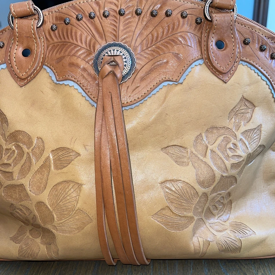 Bolso de Mano Cartera de Cuero Rosa Tooled American West De Colección Dos Tonos Detalle de Flecos Foto 4 de 4