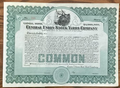 #ad Central Union Stock Yards Company Unissued Stock Certificate $12.95