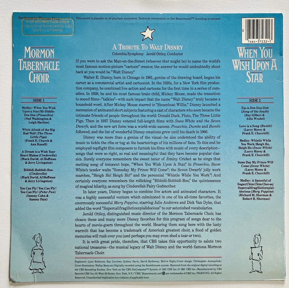 Mormon Tabernacle Choir/When You Wish Upon A Star Vinyl LP CBS 37232 VG Record Foto 2 de 4