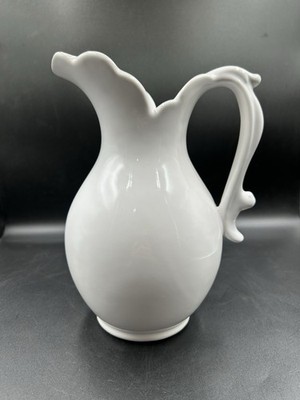 VTG Haeger Pottery White Water Pitcher Scalloped Scroll Handle Farmhouse USA