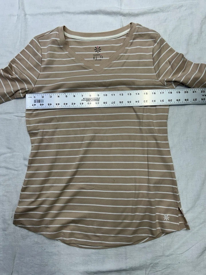 Isaac Mizrahi Live! Top Essentials Pima algodón a rayas beige, talla pequeña. 4C Foto 4 de 4