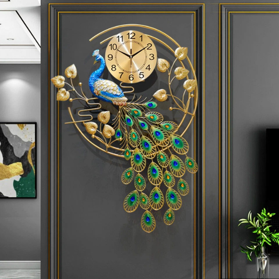 36.6" Luxury Peacock Large Wall Clock 3D Metal Living Room Wall Watch Decor USA - Image 2 of 4