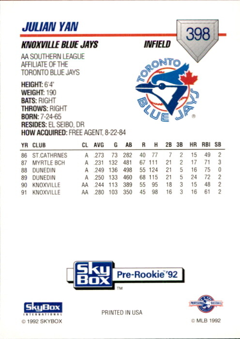 1992 Knoxville Blue Jays SkyBox #398 Julian Yan Dominican Republic