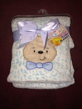 Plush Blue Baby Blanket With Teddy Bear Face New