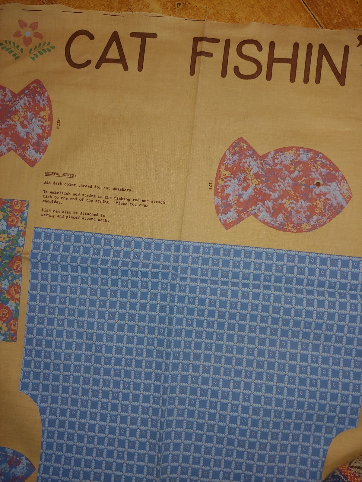 VTG Cut & Sew Cat w Fishing Pole Fabric Panel for Stuffed Toy Springs