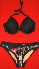 Next Boost Bikini black broderie top 32F/G & floral briefs Size 12 New Tags BNWT