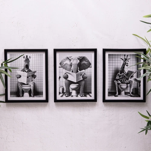 Giraffe, Zebra, Elephant on Toilet Black Framed Canvas Picture Wall Art Print