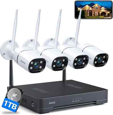 GNCC Security Camera System with 1TB HDD 8CH WiFi NVR--4pcs 2K Home Security Cam
