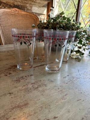 Home Essentials Tartan Ribbon Holiday Christmas Holly Berry Glasses Set 4