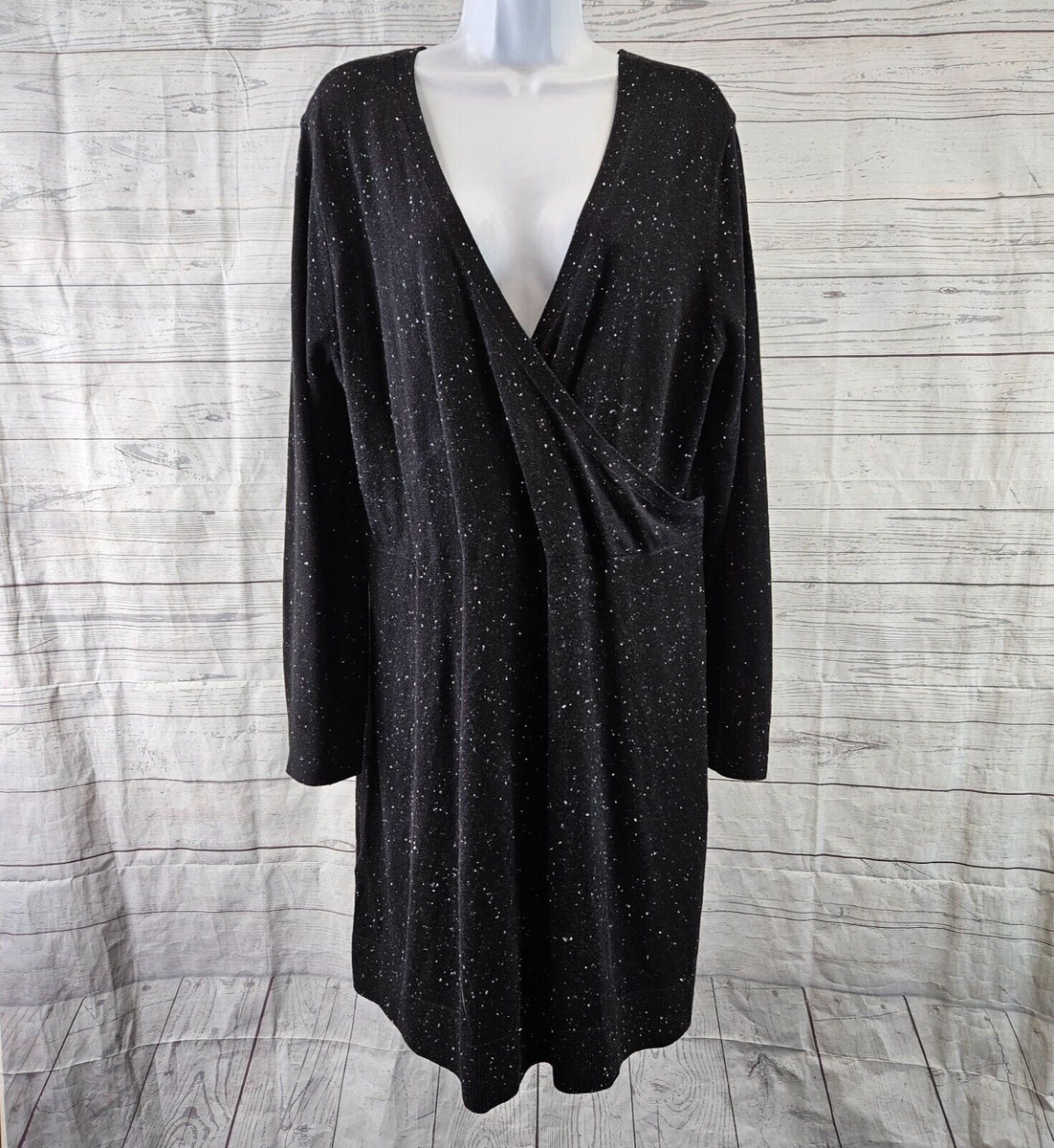 Ann Taylor LOFT Womens Sweater Dress Sz XL Black Speckled Long Sleeve V-Neck