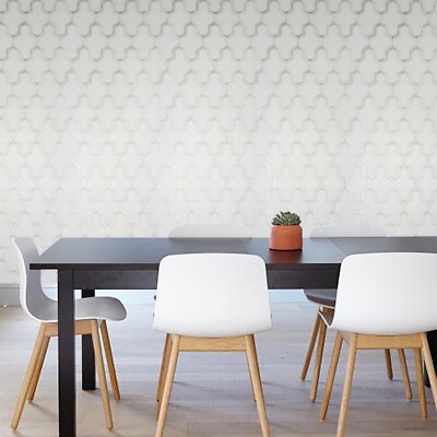 Light gray pearl Metallic faux fabric geo eicute trellis textured wallpaper roll