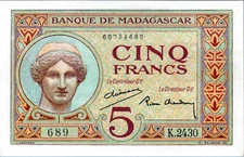 Madagascar 5 Francs 1930 Pick# 35 AU-UNC