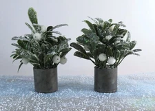 Pair Faux Mistletoe Mini Rustic Metal Containers 5.25 In High Glittery Flocked