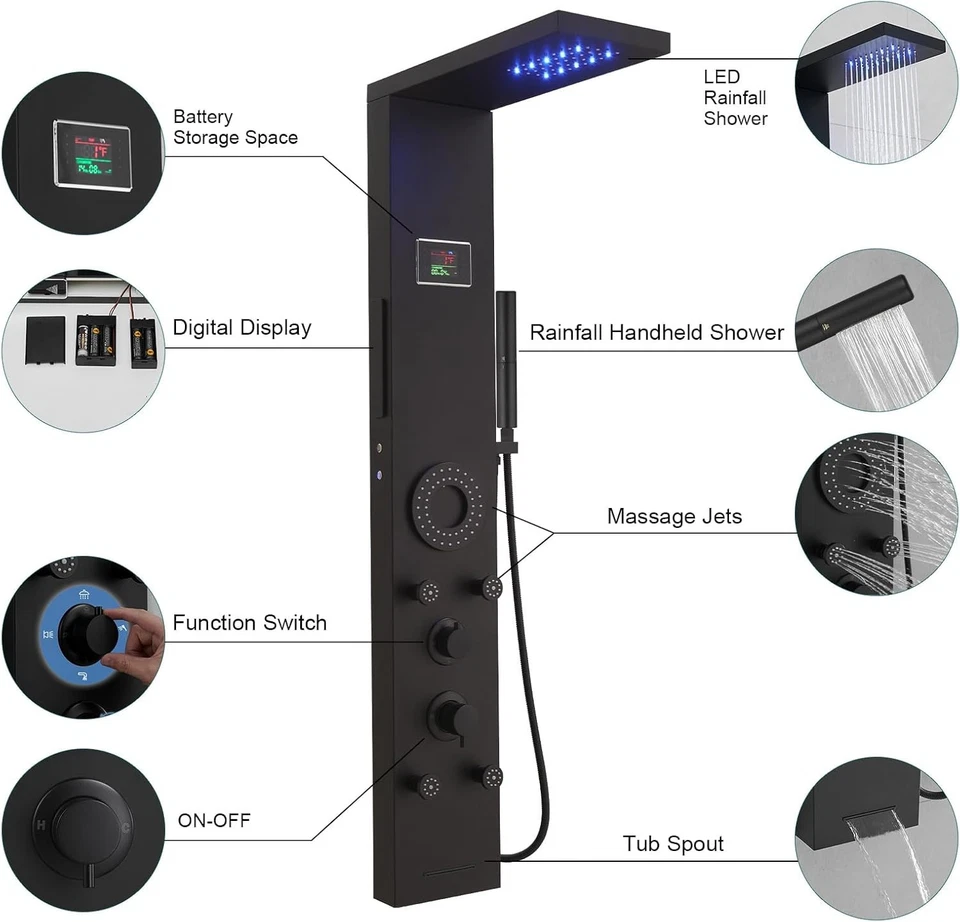 Sistema de masaje de grifo de torre panel de ducha montaje en pared LED negro para lluvia chorros corporales Foto 4 de 4