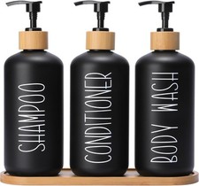 Bath Soap Dispenser Set, 3 PET plastic bottles with bamboo pump, black