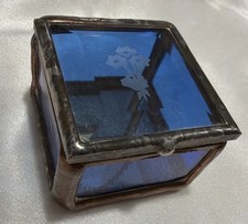 Vintage Cobalt Blue Stained Glass Trinket Box Etched Floral Box