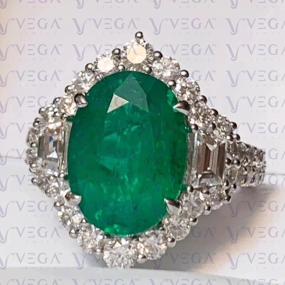 Oval Cut 6.43 Ct Natural Emerald & Diamond Wedding Ring Solid 18K White Gold - Image 4 of 4