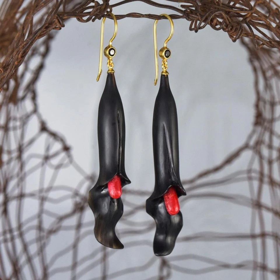Carved Black Horn Flower Earrings Red Coral Spinel Gold Vermeil Sterling 7.84g - Image 4 of 4