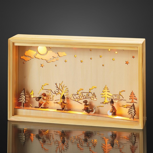 Led Leuchtbild Holz Deko Weihnachten Ski Motiv Winterszene Warmweiß 10 Led Trafo-image