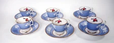 6  Spode Footed Demitasse Cup & Saucer Set Maritime Rose Blue ~ Gold Rim ~ Nice!