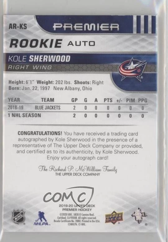 2019-20 Premier Acetate Rookie Horizontal Autos /99 Kole Sherwood #AR-KS Auto RC - Image 2 of 2