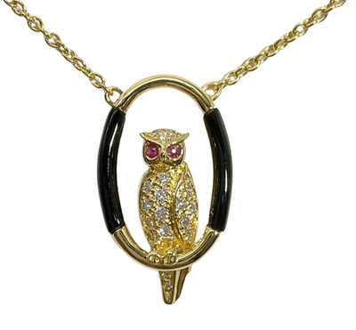 Carrera y Carrera Owl Ruby Diamond Onyx 18k Yellow Gold Necklace Pendant Animal