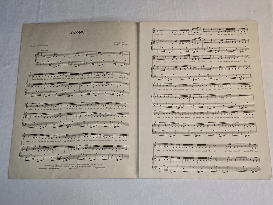 Harry Nilsson Coconut Sheet Music Original 1972 RCA Records Blackwood Rare Vtg - Image 3 of 4