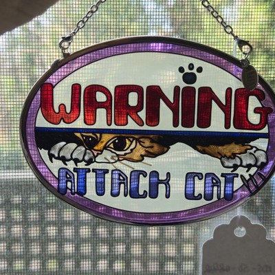VTG AMIA ''WARNING ATTACK CAT'' Suncatcher Hand Painted Glass In Box 4.5