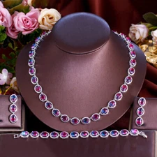 Silver Plated Rainbow Cubic Zircon CZ Oval Necklace Bracelet Earring Jewelry Set
