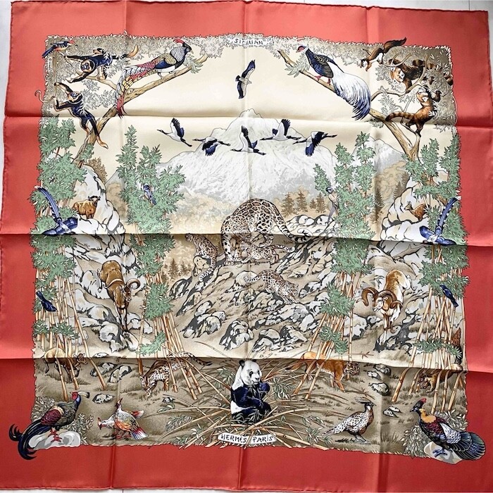 Hermes Scarf Stole Sichuan Red by Robert Dallet Animal Silk Auth