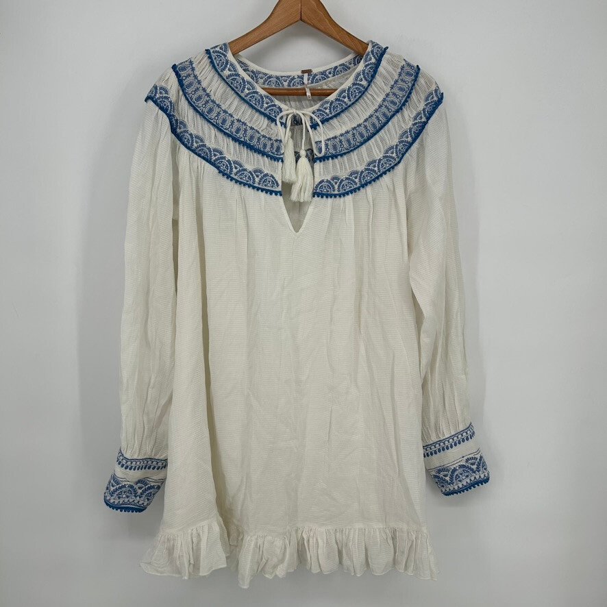 Free People Dress Womens Small White Erin Mini Embroidered Boho Long Sleeve