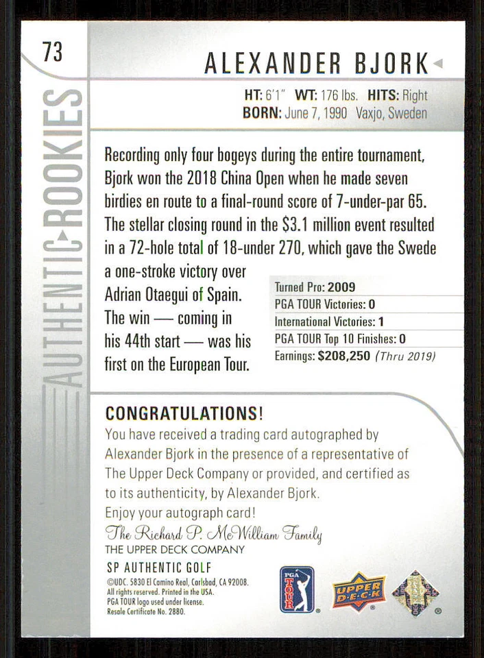 2021 SP Authentic #73 Alexander Bjork AU RC /799 - Image 2 of 2