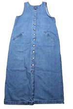 VTG 90s Women L Sonoma Denim Dress Button Front Sleeveless Maxi Cotton Pockets
