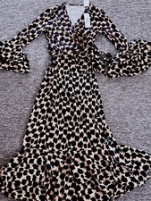 Women Lady Leopard Pattern Medium Sleeve Long maxi Tie up Wrap Dress AUS 4-6
