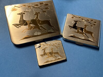 Vintage Elgin American Cigarette Case Lighter Gold Silver Jumping Deer  Scene