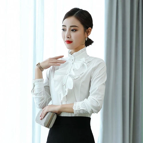 Camisa Blusa Top Oficina Dama Cuello Alto Volantes Manga Larga Calce Ajustado Formal - Imagen 18 de 23
