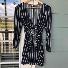 Reformation Zircon in Capone Stripes Long Sleeves Dress Navy Blue US 0