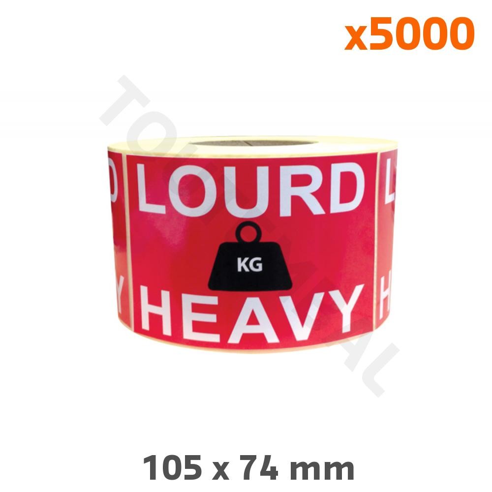 Étiquette Lourd Heavy 105x74 mm autocollante pour colis expédition | Lot de 5000