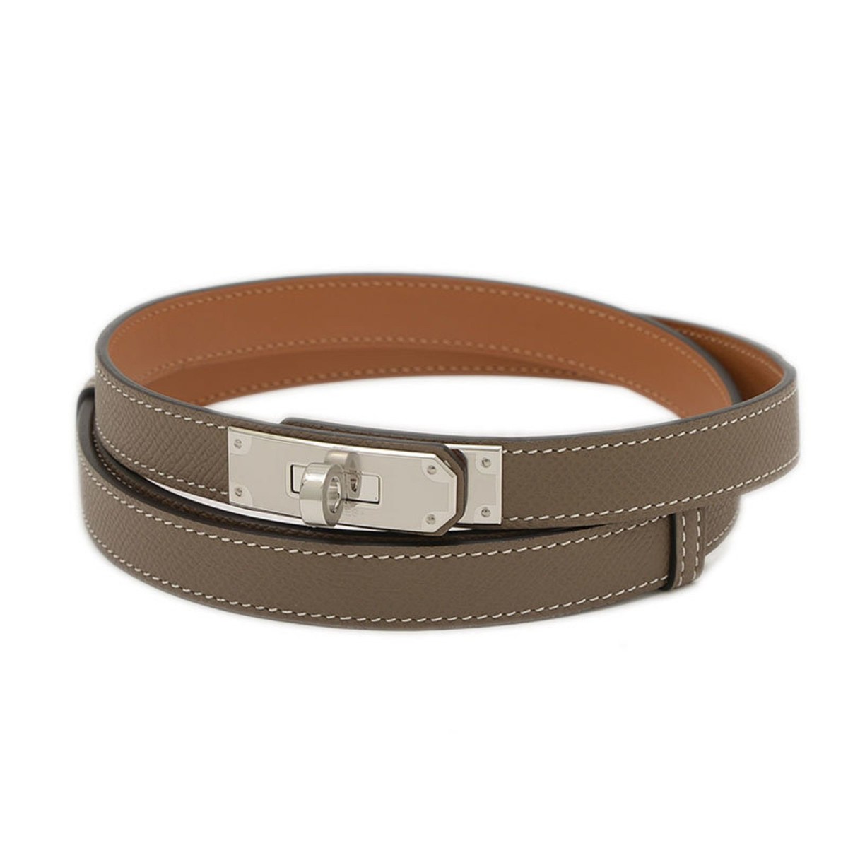 【エレガントなケリーバックル】HERMES ベルト Kelly18 エベンヌ Hermes Kelly Belt 18 Women's Epson Etoupe W Engraved