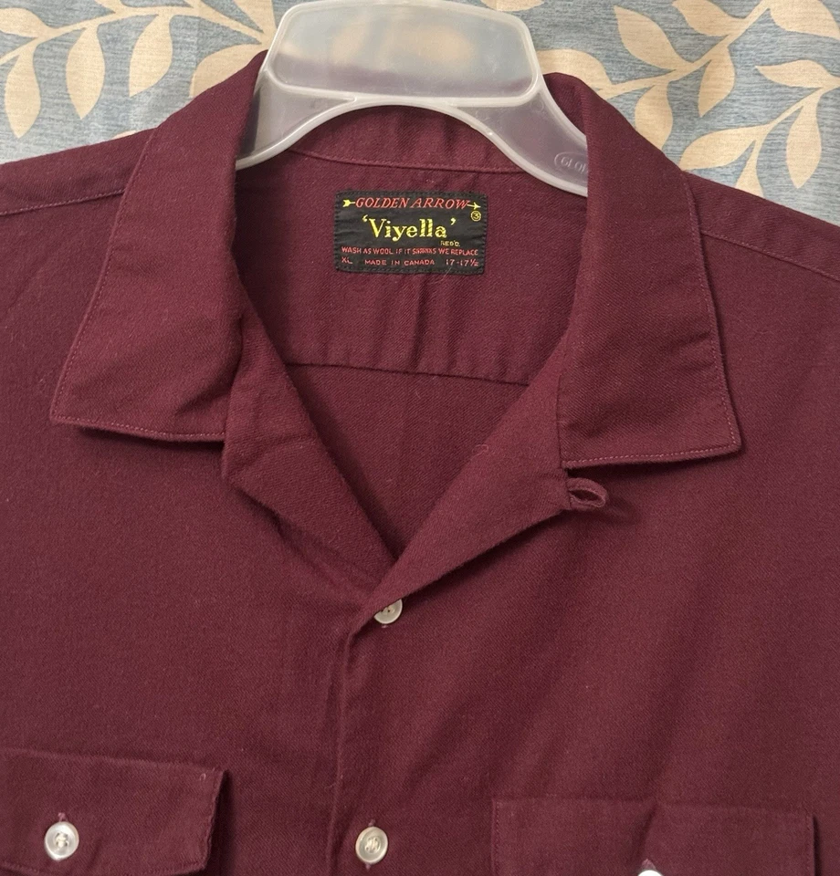 Camisa Vintage Flecha Años 60 Lana Gabardina Cuello Lazo Talla XL “Viyella” Borgoña Foto 4 de 4