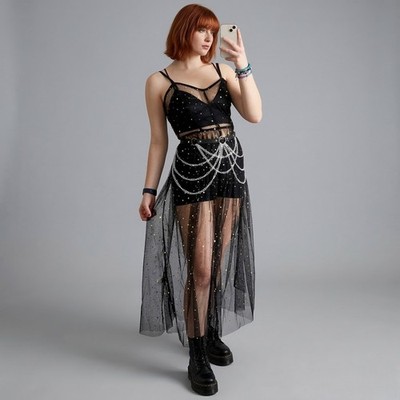 Medium Black Mesh Star Galaxy Dress Rave Swim Coverup Goth Beach Witchy Festival