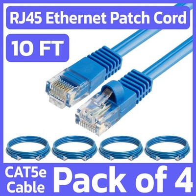 4 Pack Cat5e Patch Cable Blue 10FT Ethernet Cord Lan Network Internet Wire RJ45