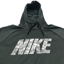 Nike Dri Fit Hoodie Sweatshirt Men's Large Dark Green With Gray Camo Spellout
