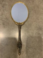 Antique Victorian Filigree Ornate Gold Tone Hand Mirror 13” French