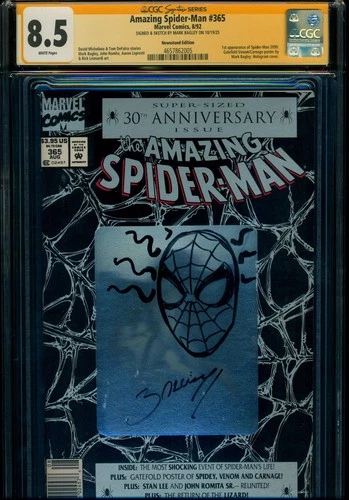 AMAZING SPIDER-MAN #365 NEWSSTAND CGC 8.5 S.S. SIGNED/SKETCHED BY MARK BAGLEY!