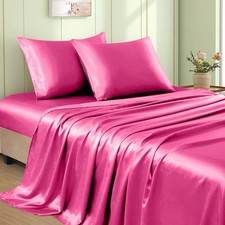4pcs Hot Pink Satin Sheets Full Size Bed Set, 15 Inch Deep Pocket Silky Satin