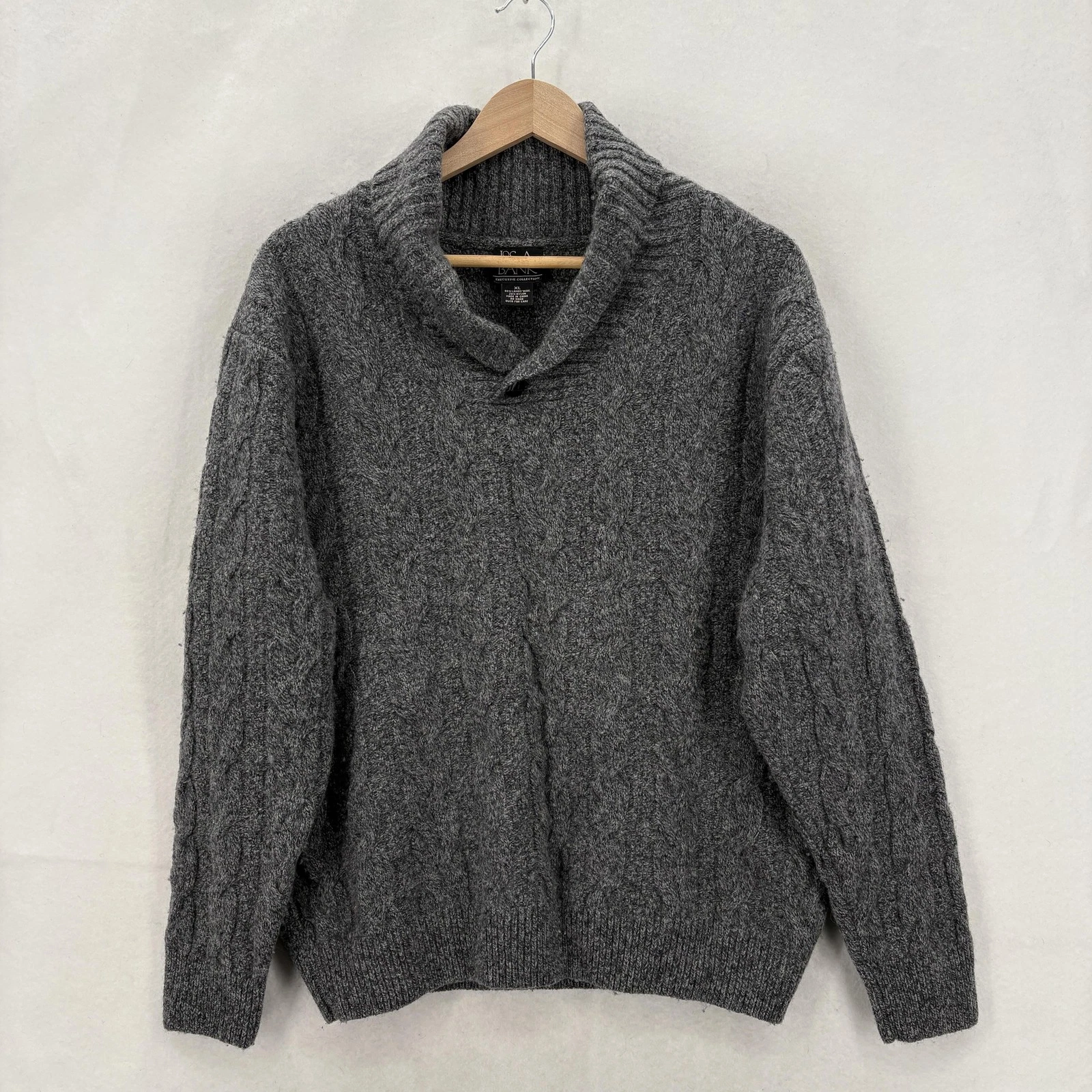 Jos A Bank Sweater Mens XL Gray Lambswool Shawl Collar Cable Knit Pullover